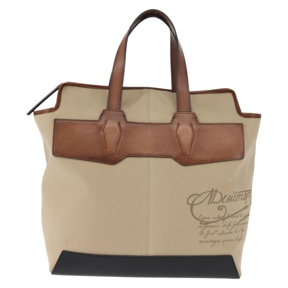 Berluti Canvas Leather Calligraphy Tote Bag Beige